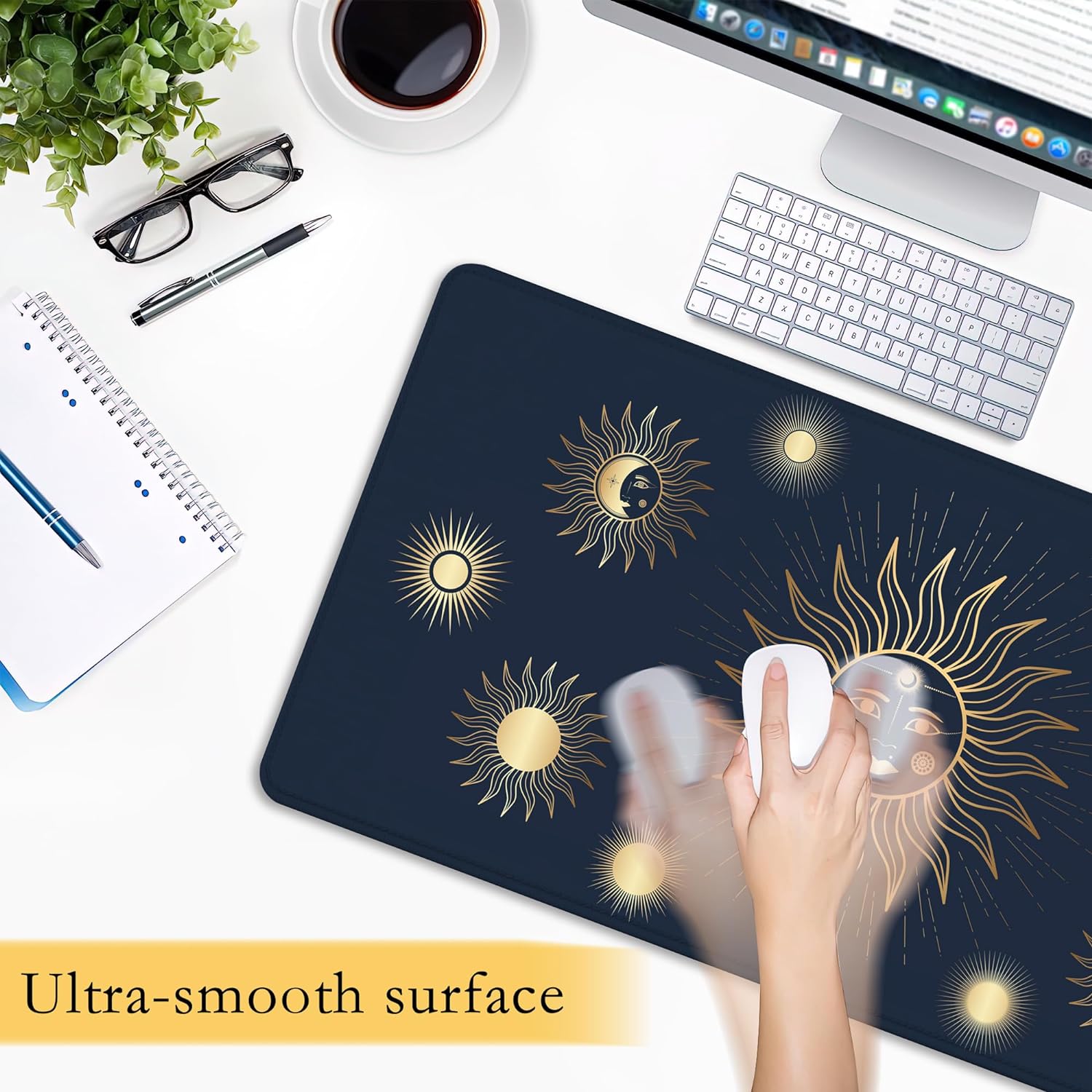 Gold Sun Star Moon Desk Mat,Large Gaming Mouse Pad,Non-Slip Rubber Base Mousepad with Stitched Edges,Waterproof Mouse Mat Desk Pad for Work, Game, Office (31.5x15.7 in)