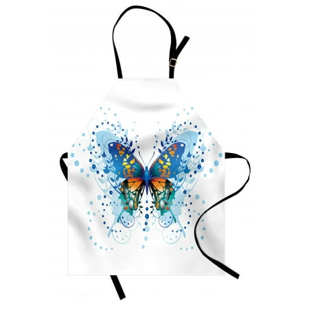 Turquoise And Orange Kitchen Swallowtail Butterfly Apron Stylized Animal with Twigs Curls and Dots Abstract Art, Unisex Kitchen Bib Apron with Adjustable Neck for Cooking Baking Gardening, Blue Turquoise Orange, by Ambesonne ()