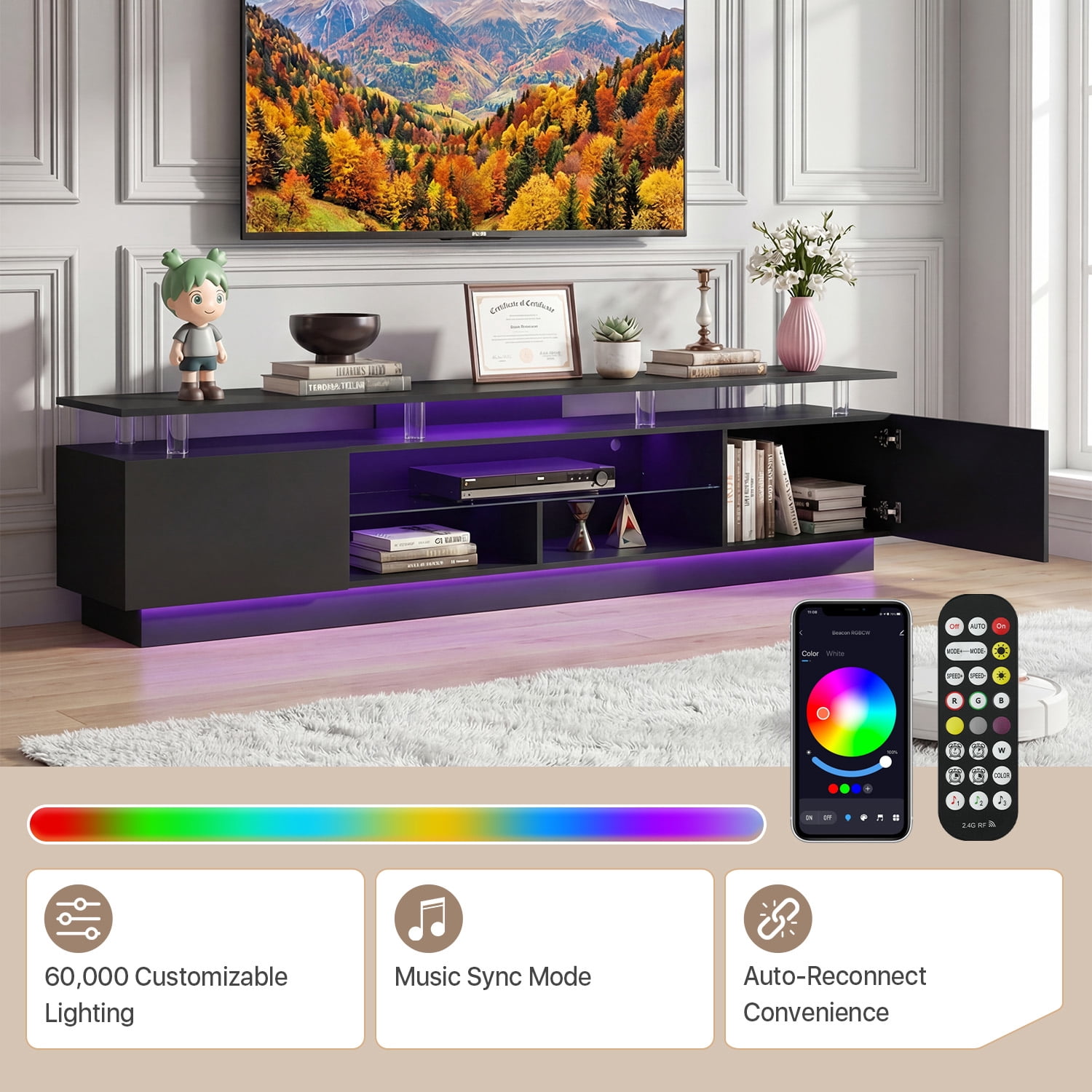 BaPiPro 80" LED Modern TV Stand for TVs up to 90", Entertainment Center TV Console with Music Sync LED for Living Room, Black
