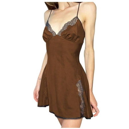 

Valentines Day Gifts! UHUYA Sexy Lingerie For Women Lingerie Sets Ladies Cute Girl Solid Erotic Lingerie Lace V-neck Sexy Silk Hollow Nightdress Suspender Skirt Brown M