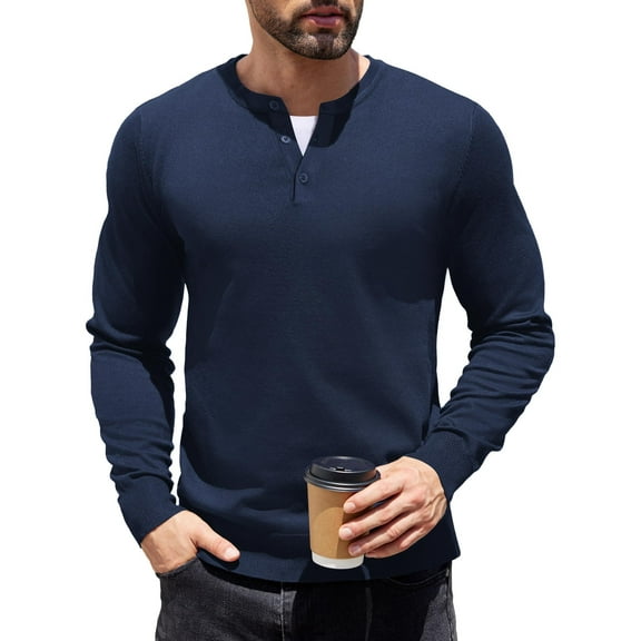 COOFANDY Mens Collarless Henley Tshirts Casual Long Sleeve Knitting T-Shirts Business Fashion Winter Pullover