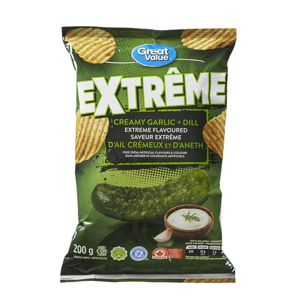Great Value Creamy Garlic and Dill Extreme Flavoured Rippled Chips, 200 g