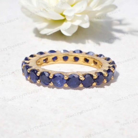 Blue Sapphire Band Yellow Gold Plated Wedding Band September Birthstone Jewelry Full Eternity Matching Band Gift for Best Friend