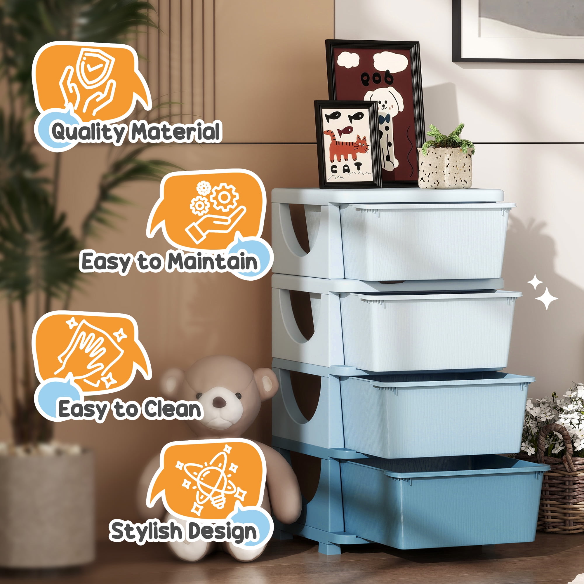 Qaba 4 Tier Kids Storage Unit Dresser Tower with Drawers Chest Toy Organizer for Bedroom Nursery Kindergarten Living Room for Boys Girls, Blue