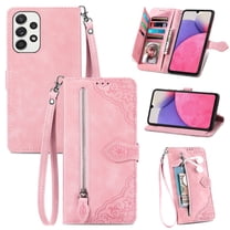 TECH CIRCLE Samsung Galaxy A54 Wallet Case,Embossed Flower PU Leather Folio Flip Protective Zipper Cover with Wrist Strap RFID Blocking Card Holder Kickstand Case for Galaxy A54 5G 6.5" 2023, Pink