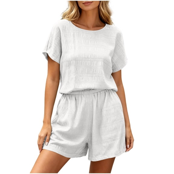 Enjoytime Shorts Sets Women 2 Piece Outfits Summer Casual Round Neck Short Sleeve Tops with Shorts Matching Set