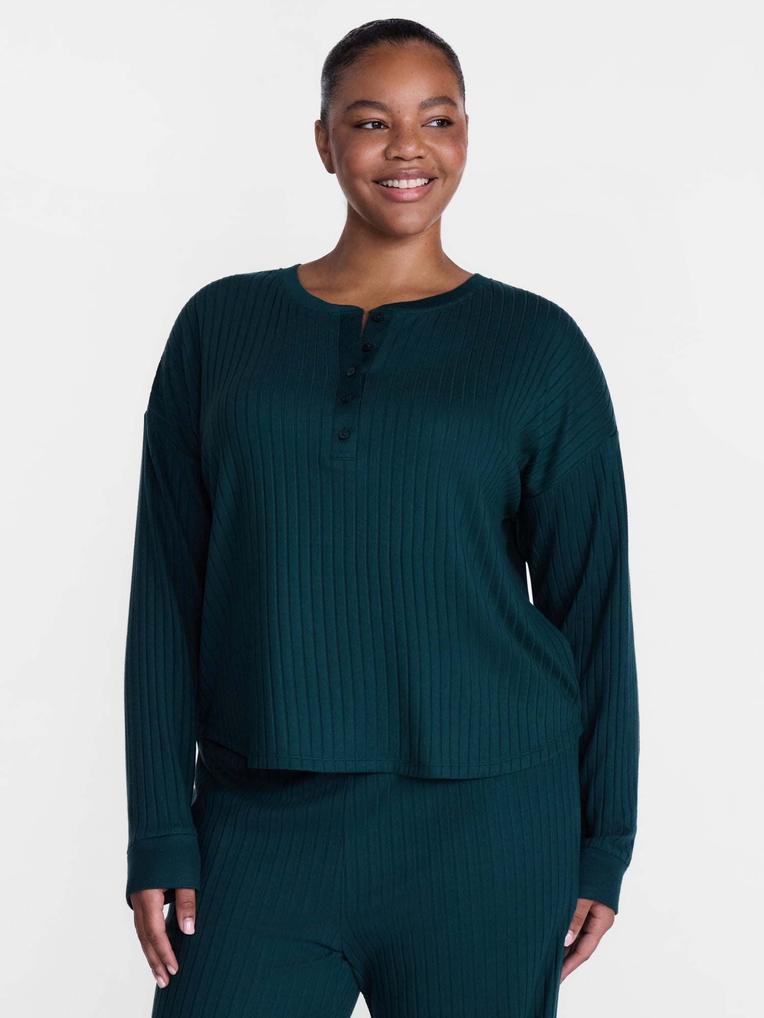 Joyspun Women's Cozy Lounge Collection Hacci Long Sleeve Henley Sleep Top, Sizes XS to 3X