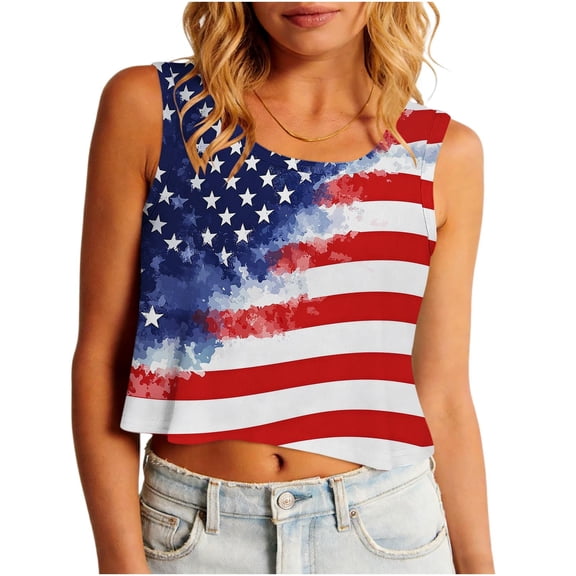 Jsaierl Womens Independence Day Tank Tops Casual Patriotic USA Flag Graphic Tees Elegant Sleeveless T Shirts Camisole Workout Crewneck Tanks S-XXL