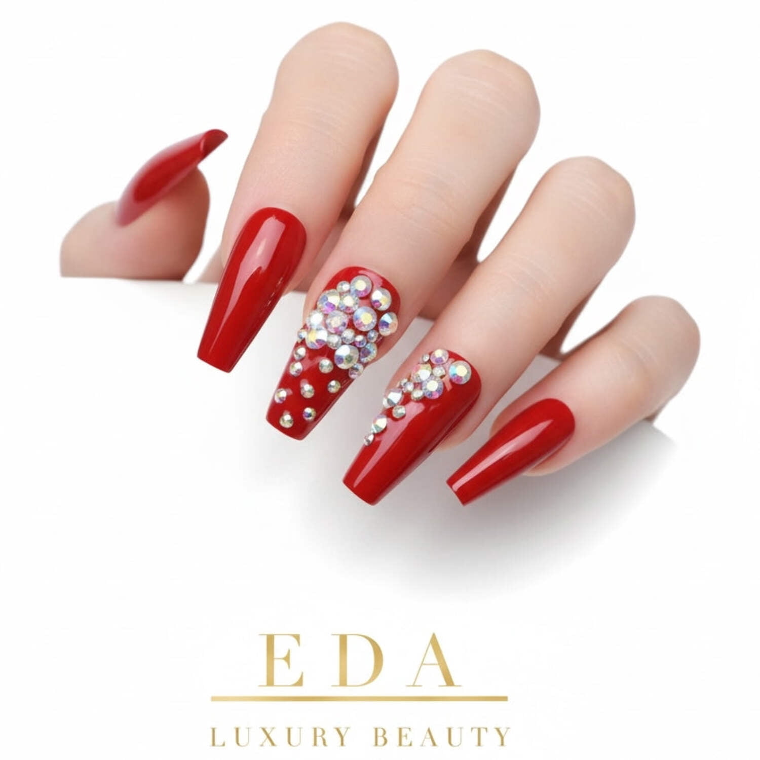 Red 3D Crystal Press On Nails, Love Queen, Extra Long Coffin Ballerina Rhinestones Fake Nails Set