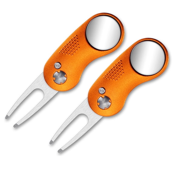 2 Pcs Orange All Metal Foldable Golf Divot Repair Tool with Pop-up Button – Magnetic Ball Marker for Greens