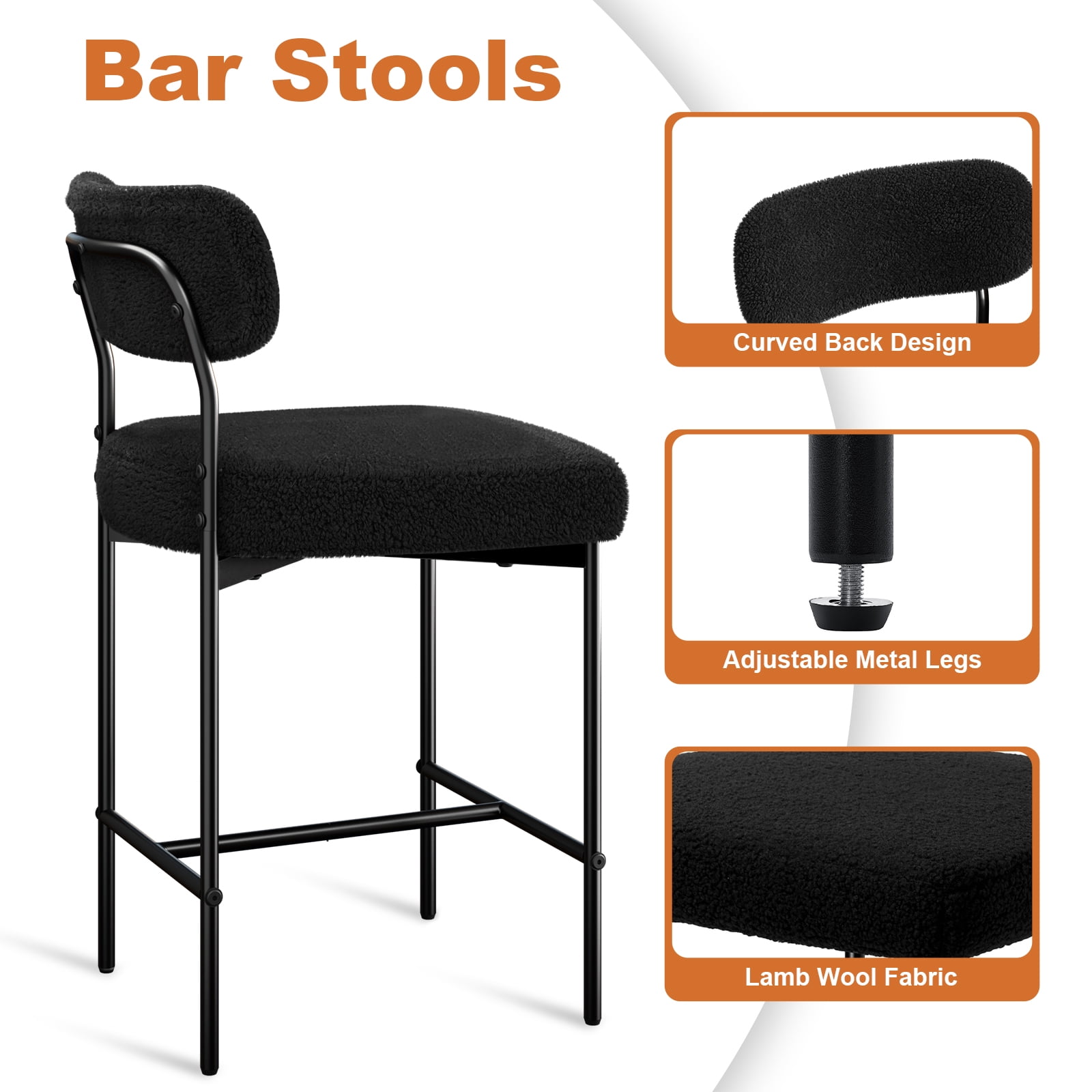 Hommpa Bar Stools Set of 3 with Back & Footrest 26" Counter Height Barstools Boucle Bar Chairs Modern Pub Chairs Black Plush for Kitchen Island Bistro Coffee Shop Mid Back