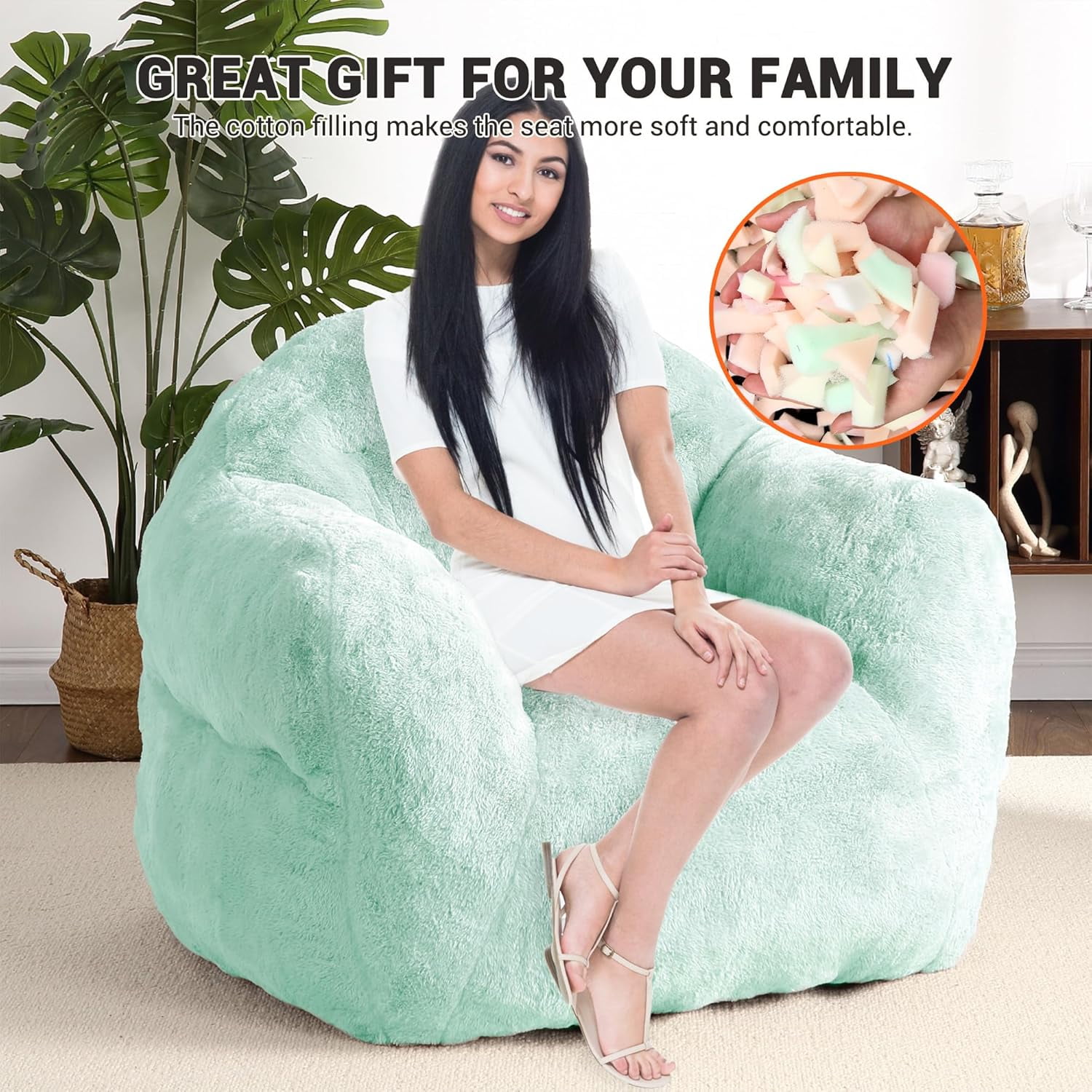 Acekid Bean Bag Chair With Filler Included Large Beanbag Chairs For Adults Machine Washable Memory Foam Bean Bag Chair Ultra Soft Faux Fur Fabric Round Fluffy Sofa For Living Room