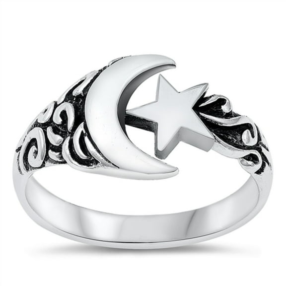 All in Stock Sterling Silver Moon And Star Ring Size 9