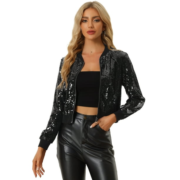 Disfraz de navidad Allegra K Top de lentejuelas para mujer manga larga chaqueta de bombardero Negro XL