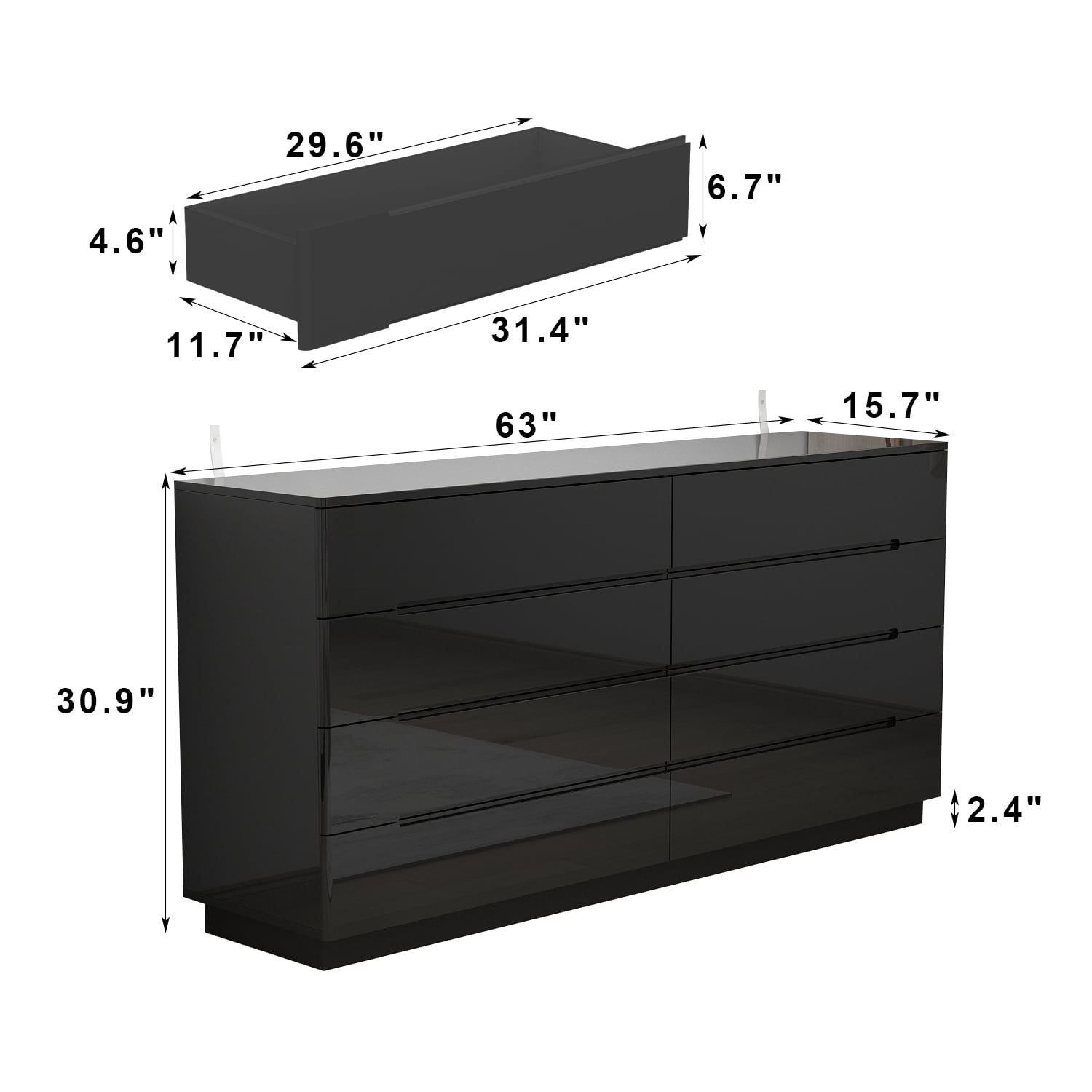 WIAWG High Gloss Dresser with Lights, Modern Glossy 8 Drawer Dresser with Curved Edge for Bedroom Black
