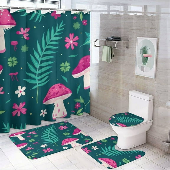 Magical Forest Mushroom Pattern Shower Curtain Set Modern Bathroom Decor Mats 4pcs Fabric Bathroom Curtain Slip Floor Rug Toilet Lid