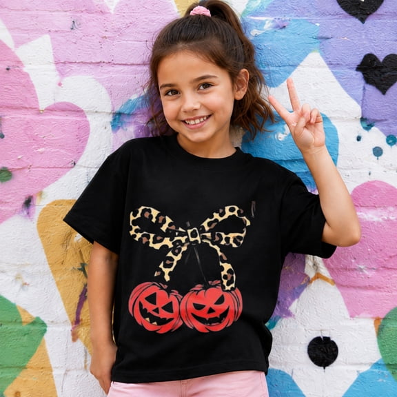 Girls Halloween Shirt for Kids, Cute Bow Pumpkin Graphic Short Sleeve Halloween T-Shirt