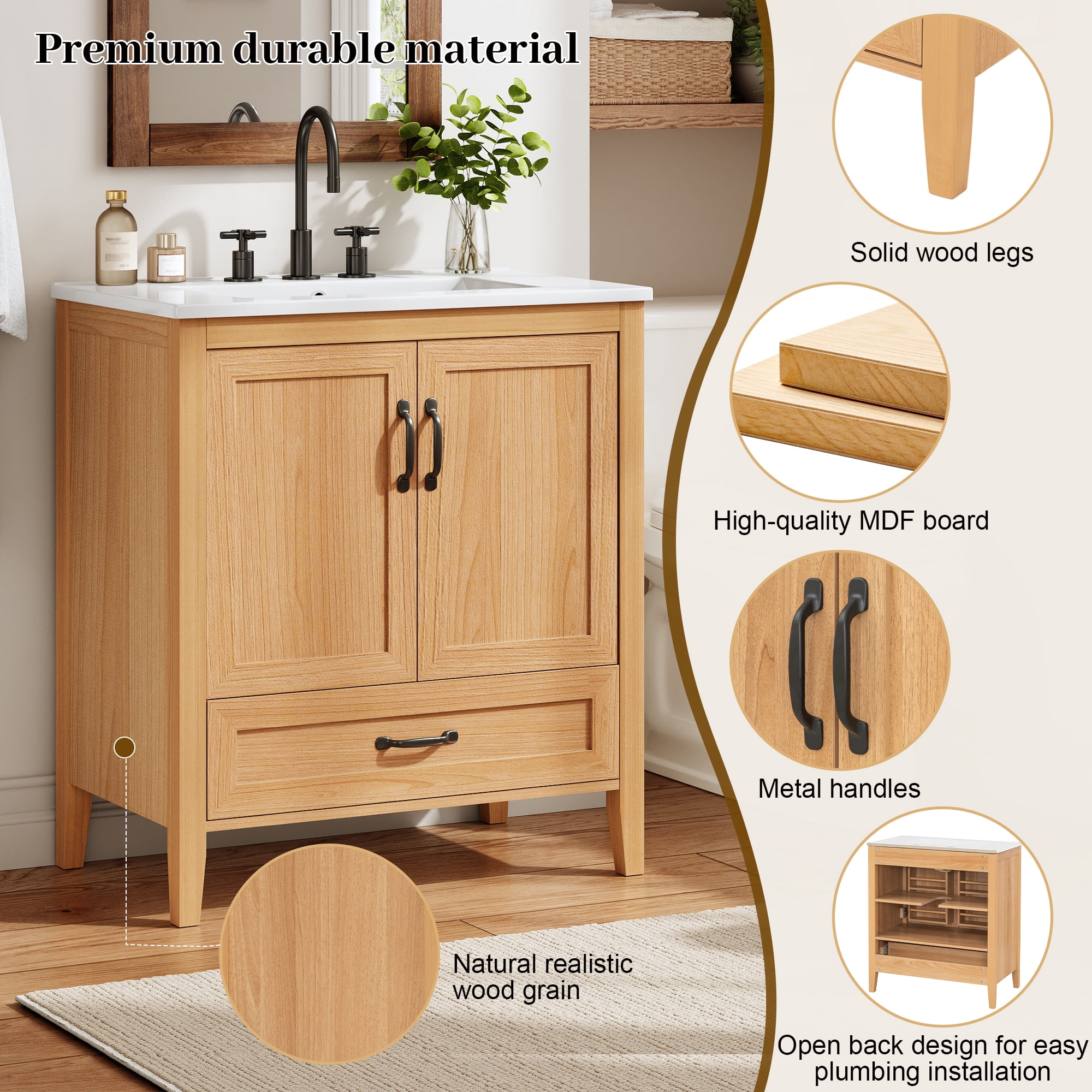30" Natural Wood Grain Bathroom Vanity with Ceramic Sink Top, Solid Wood Legs, Soft-Close Double Doors & Bottom Drawer, Adjustable Interior Shelf, Door-mounted Organizers