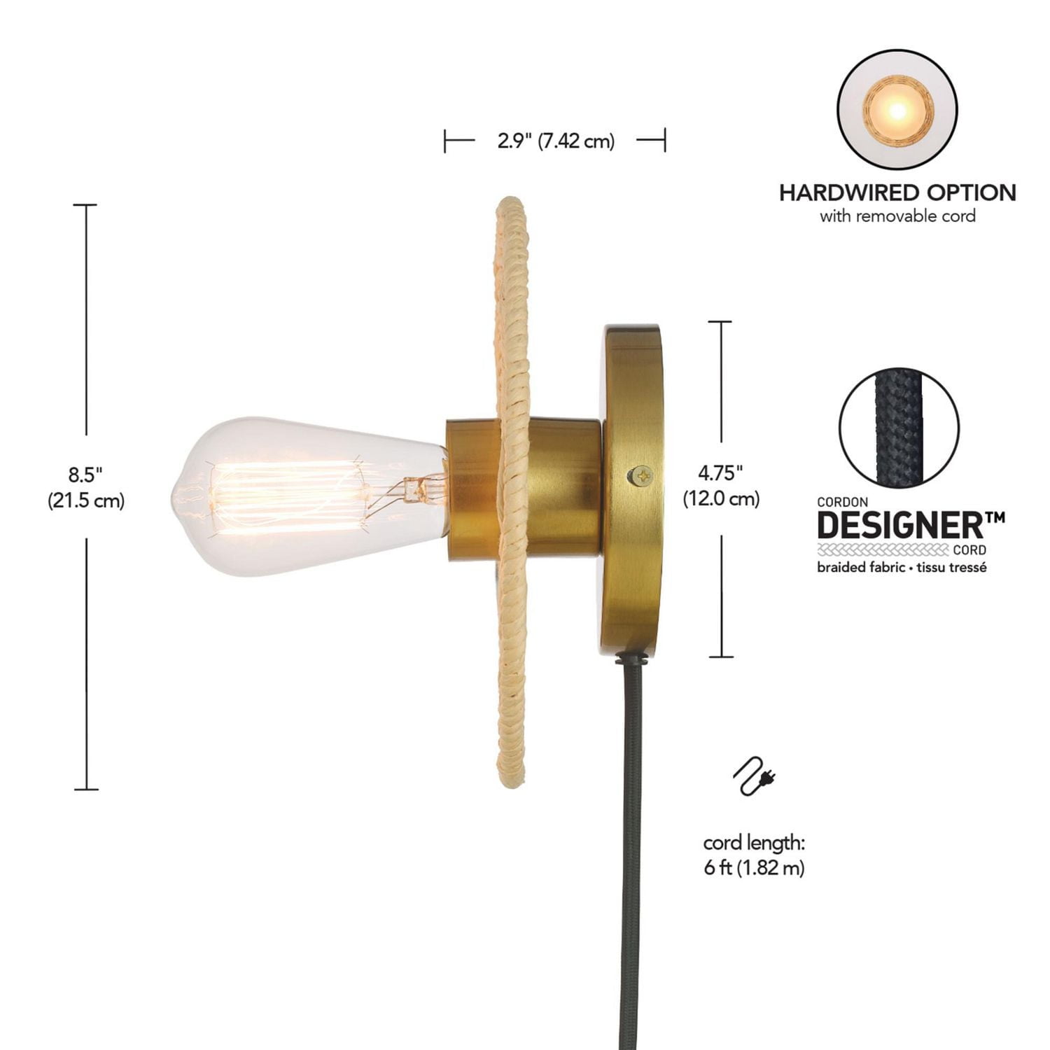 1-Light Plug-In or Hardwire Wall Sconce with Natural Twine Blackplate, 91004441