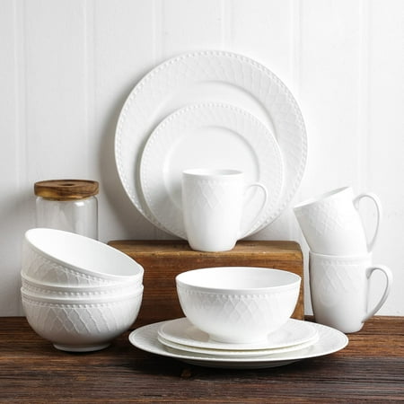 

Stone Lain Bone China Basket Weave Embossed Round 16 Piece Dinnerware Set White