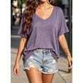 thumbnail image 4 of Summer Rolled Short Sleeve Women V-neck Solid Color Casual Loose T-shirt Tops, 4 of 6