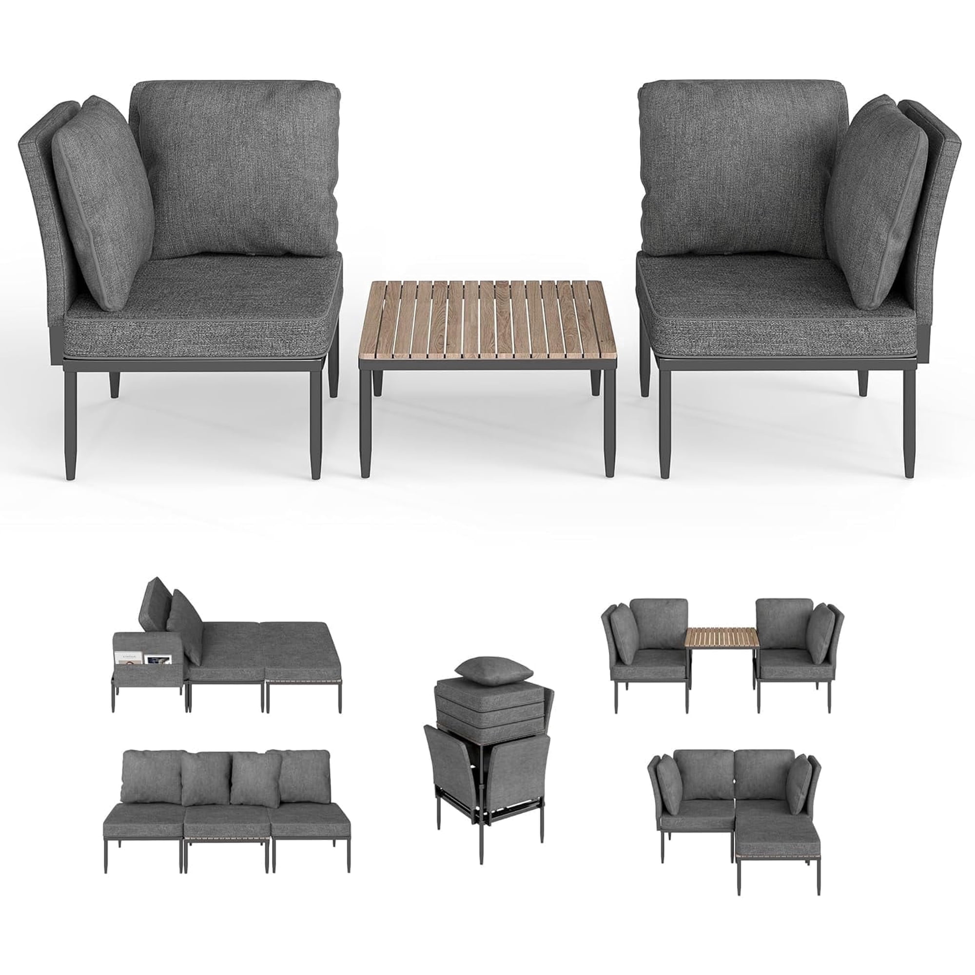5-in-1 Modular Aluminum Patio Furniture Set, Stackable Outdoor Conversation Set with WPC Top Coffee Table, Convertible to Bench, Lounge & Loveseat for Backyard Pool Balcony