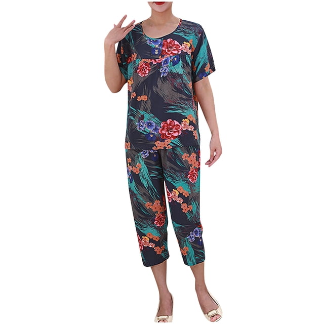 Pisexur Ensembles de Pyjama pour Femmes 2 Pcs, Chemises de Nuit en Coton à Imprimé Floral pour Femmes, Col Rond Décontracté, T-Shirts à Manches Courtes et Pantalons de Détente Longueur Genou, Pyjamas Grande Taille pour Femmes Ensemble TG-4TG