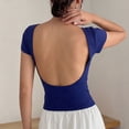 thumbnail image 6 of Women's U-Shaped Backless Short-Sleeve Tops Solid Color Boat Neck Base T-Shirt Bodycon Casual Tees Yoga Workout Tops Navy, 6 of 7