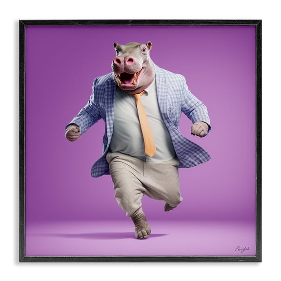 Stupell Industries Eclectic Dancing Hippo on Purple Black Framed Giclee Art, 12 x 12, by Roozbeh