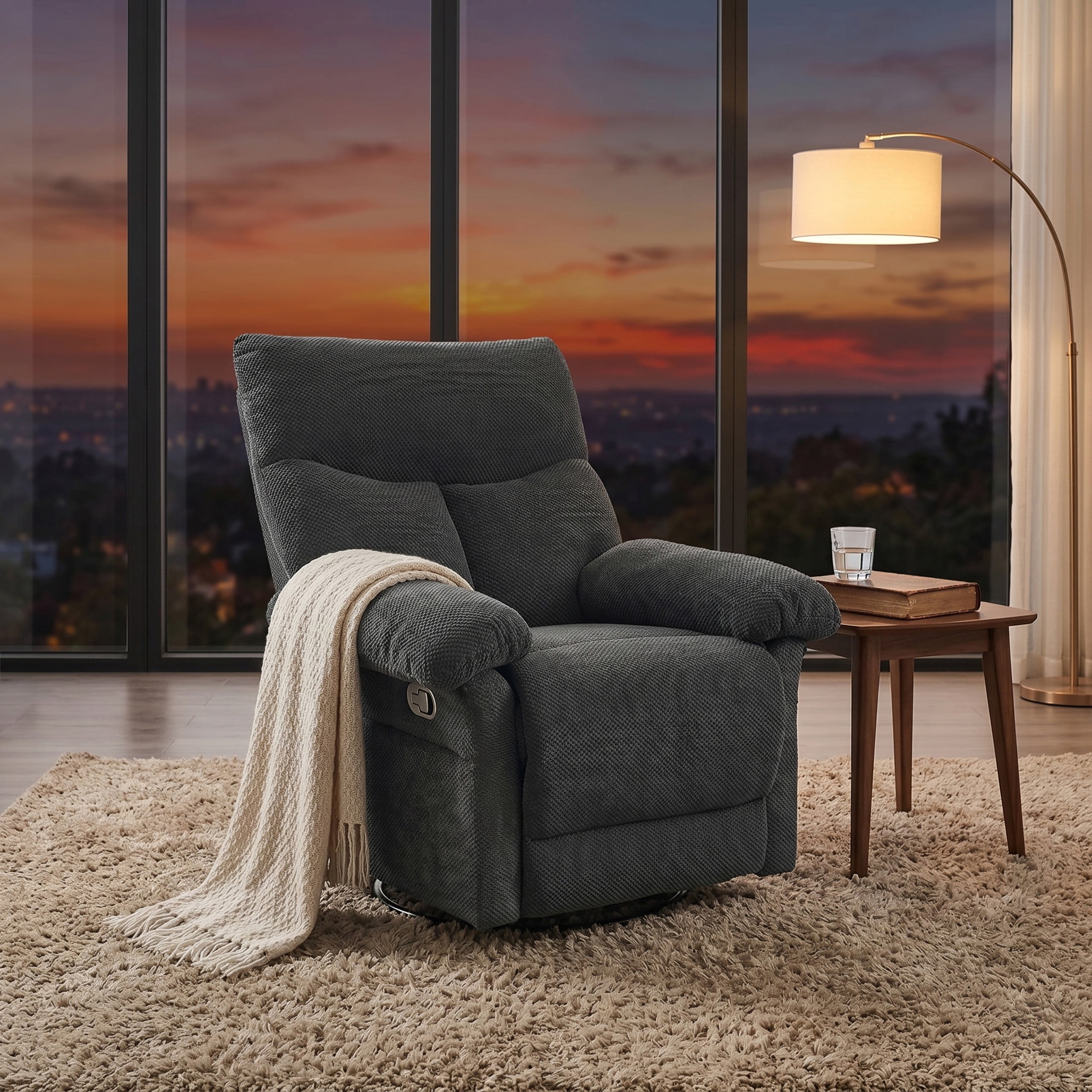 Noble House Modern Swivel Rocker Recliner Chair, Manual Glider Recliner with Textured Fabric, Dark Gray