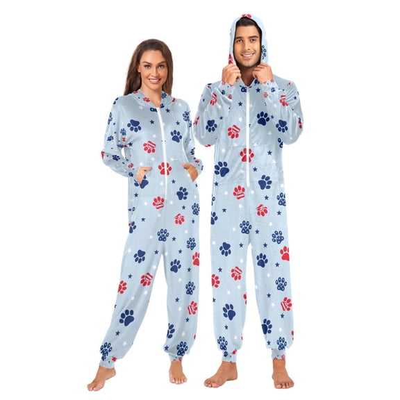 FORMRS Onesies Pajama for Adults Unisex Hoodie Winter Jumpsuit One Piece Sleepwear, Sizes S-2XL, Blue Cartoon Paw Pattern