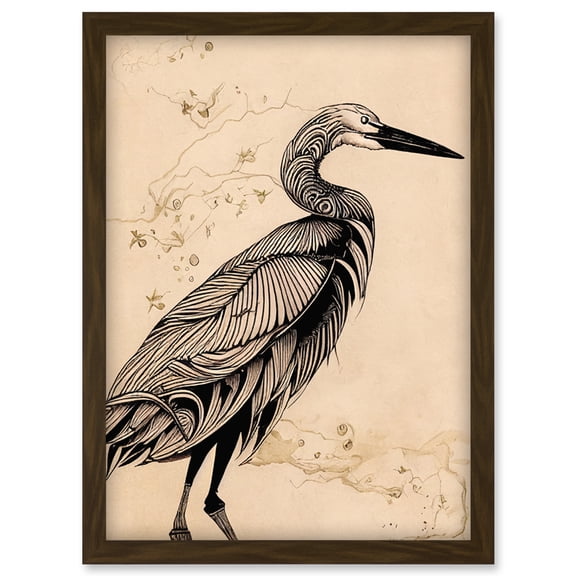 Heron Bird Simple Ink Illustration Artwork Framed Wall Art Print A4