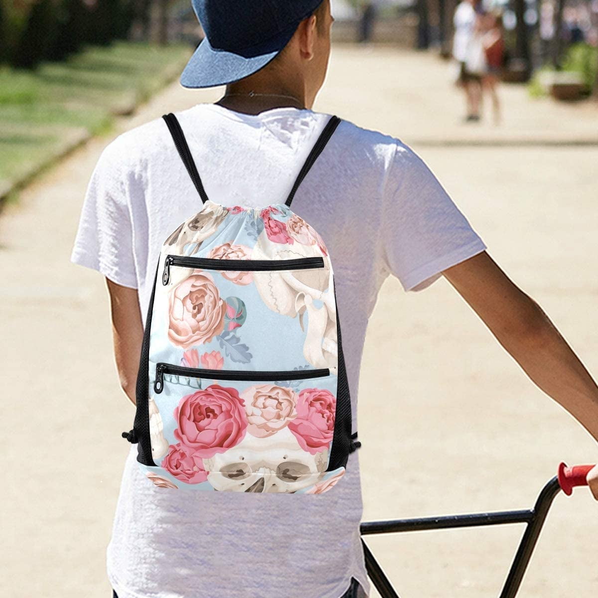 Drawstring Bag Skull Roses Lightweight Gym Sackpack for Hiking Yoga Gym Swimming Travel Beach with Zipper Mesh Pockets