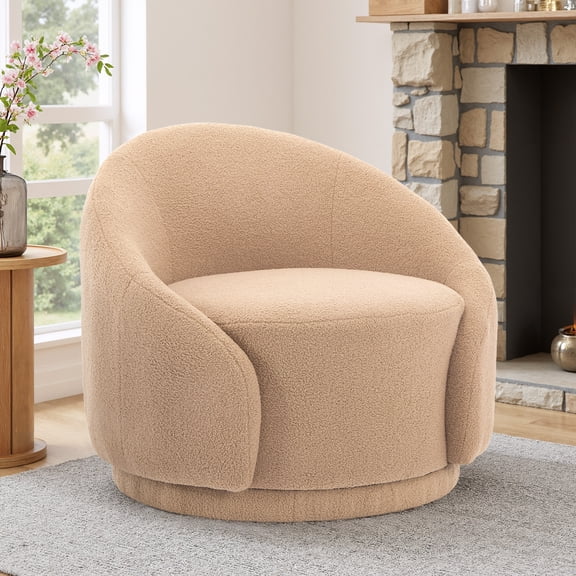 DREAMSIDEA Swivel Barrel Accent Chair, Modern Upholstered Living Room Chair 360°Round Club Armchair-Light Brown/Camel