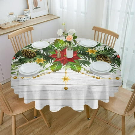 

Christmas Pine Needle Wreath Wood Grain Round Tablecloth Wedding Hotel Table Cover Holiday Dining Table Waterproof Tablecloth (HZF05984 153x305cm Tablecloth)