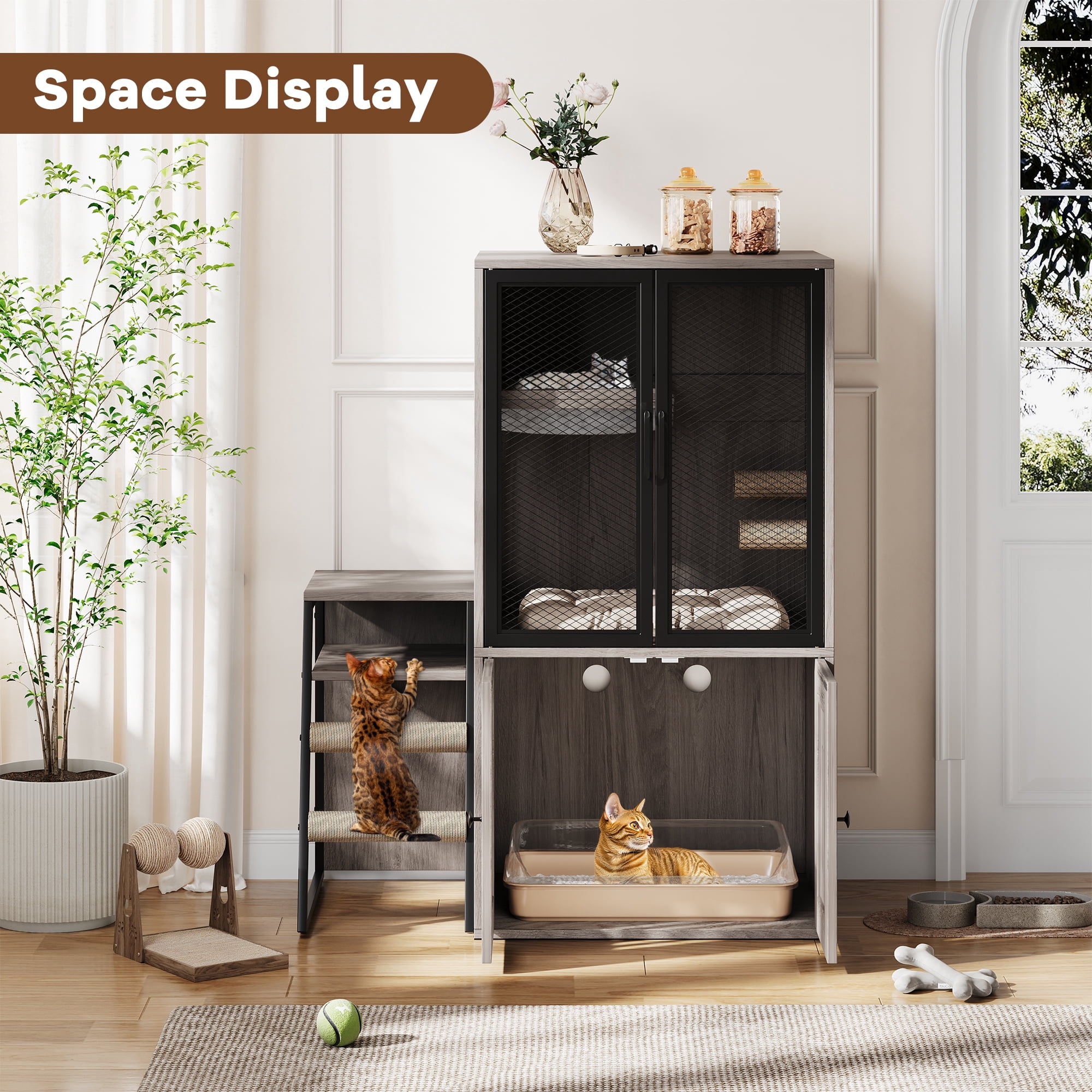 Roromall Cat Litter Box Enclosure for 2 Cats, Double Cat House with Doors & Storage Space, Enclosed Litter Box Furniture with Ladder