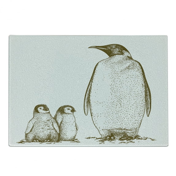 Sea Animals Cutting Board, Engraving Antique Illustration King Penguin and Penguins Nestling Nature, Decorative Tempered Glass Cutting and Serving Board, Small Size, Olive Green, by Ambesonne