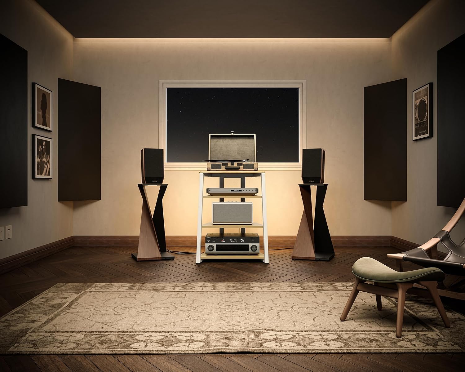 FITUEYES 4-Tier Media Stand with LED Backlight and Power Outlet, Adjustable Shelves, White Oak
