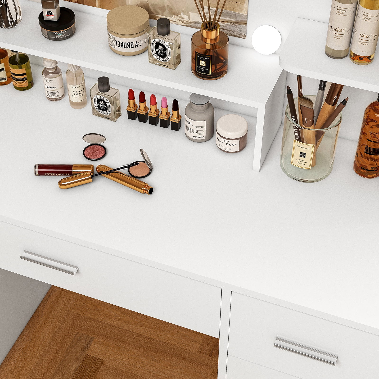 SOMLINE Vanity Set with Mirror, Vanity Desk with 5 Drawers & Storage Shelves, Makeup Vanity , 3 Color Modes & Adjustable Brightness, Bedroom, White