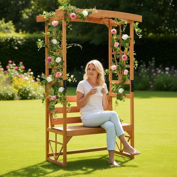 75in Garden Arch Bench with Trellises 2 in 1 Fir Wood Outdoor Seating 660lbs Capacity Weather Resistant Coating for Climbing Plants Roses Wisteria Patio Backyard Relaxation Reading Wedding Decor