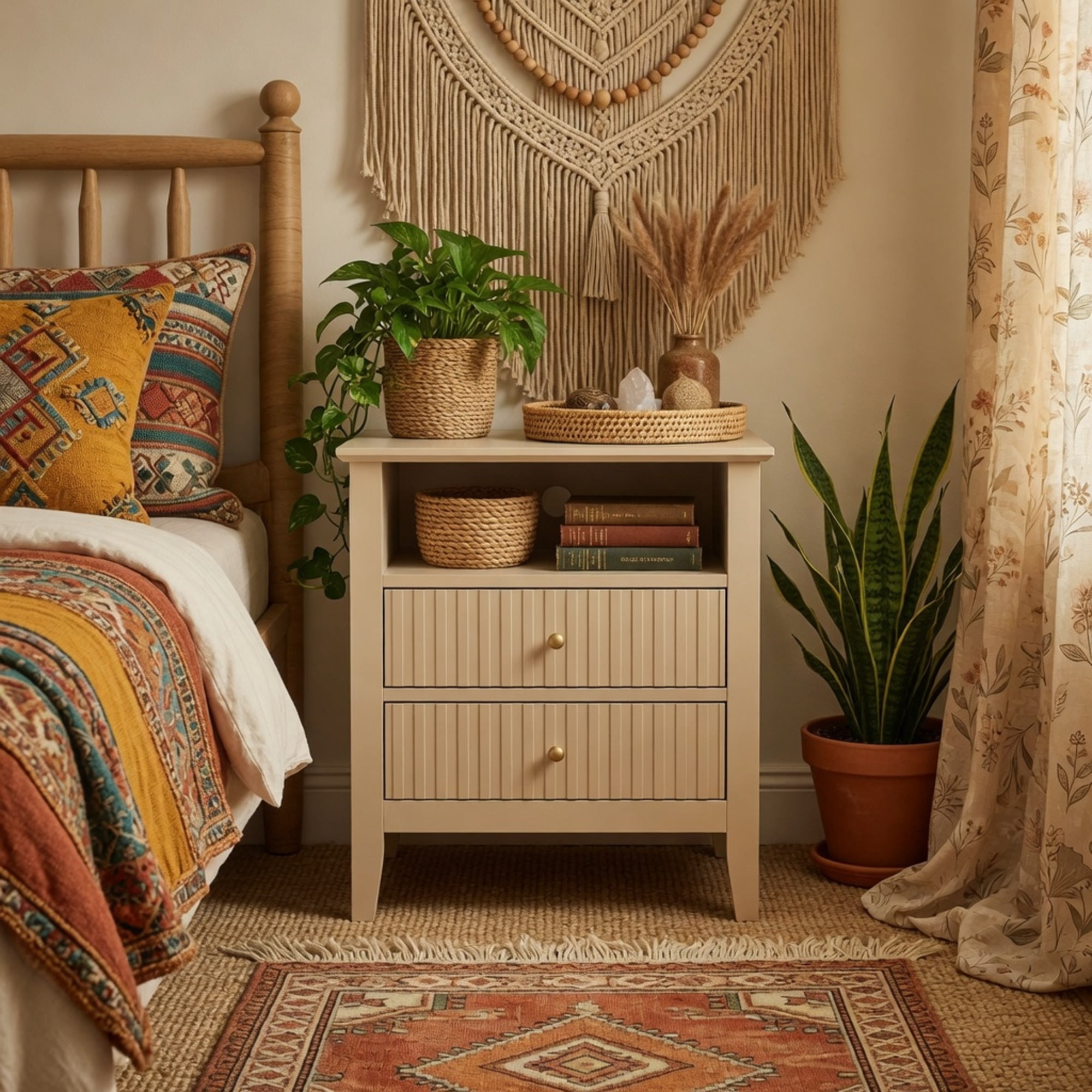 18" Beige Fluted Nightstand with 2 Drawers - Modern Bedroom Sofa Side Table