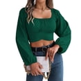 thumbnail image 2 of adaychics Tie Back Long Sleeve Crop Top Square Neck Ruched Lantern Long Sleeve Tie Back Crop Top Blouse for Vacation, 2 of 7