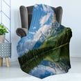 thumbnail image 4 of Landscape Soft Flannel Fleece Blanket, Pure Mountain Lake Scenery with Trees and Cloudy Sky Nature Inspired Print, Cozy Plush for Indoor and Outdoor Use, 50" x 70", Blue White Green, by Ambesonne, 4 of 5