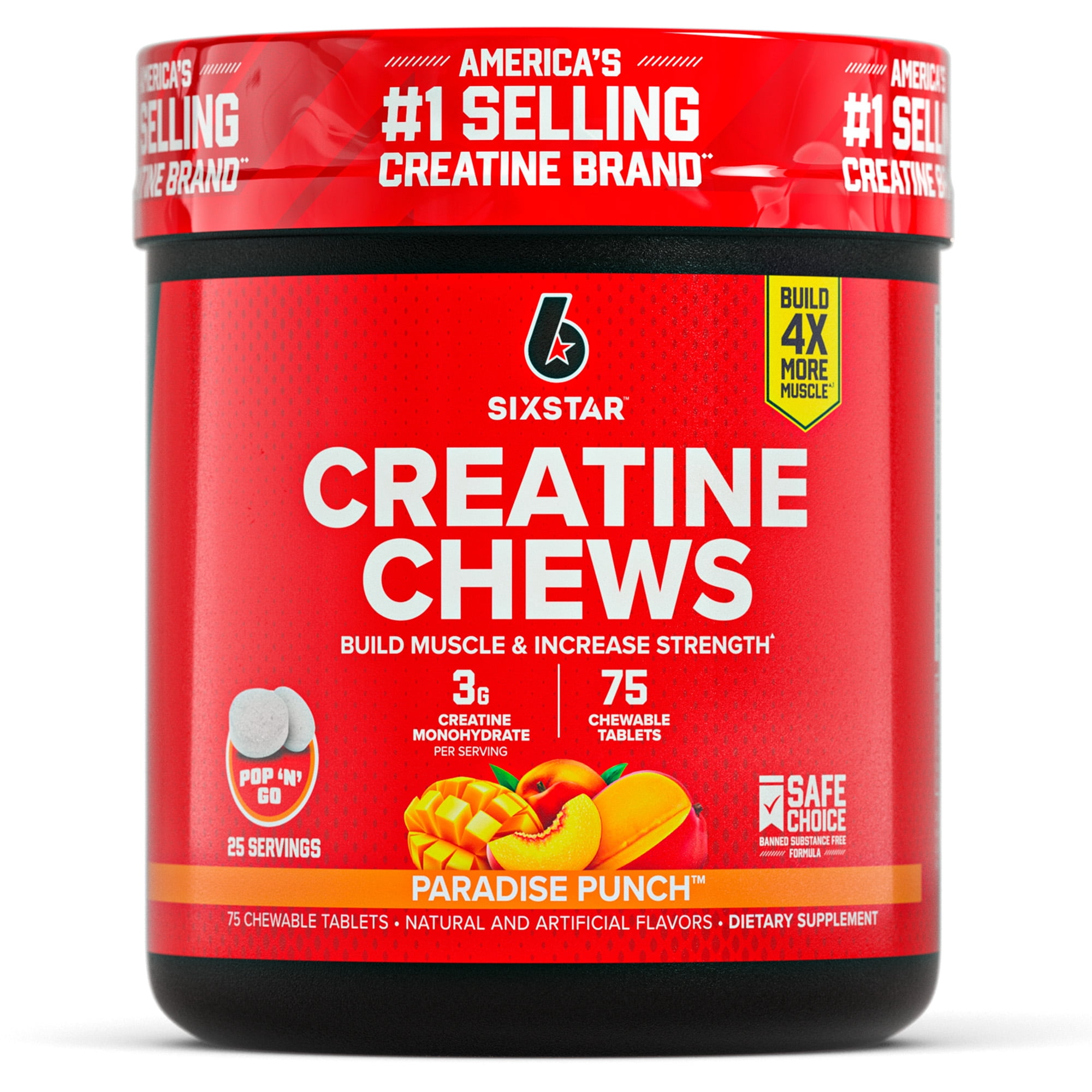 Six Star Pro Nutrition Creatine 3g Chews, Paradise Punch, 75 Count