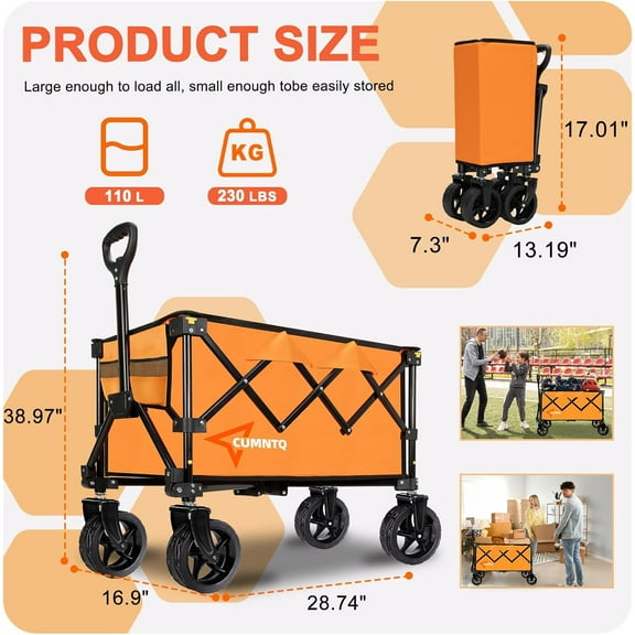 Collapsible Wagon Cart with Wheels, Heavy Duty Foldable Wagon Cart with 230lbs Weight Capacity, Utility Beach Wagons Portable for Outdoor, Grocery, Camping, Shopping, Orange