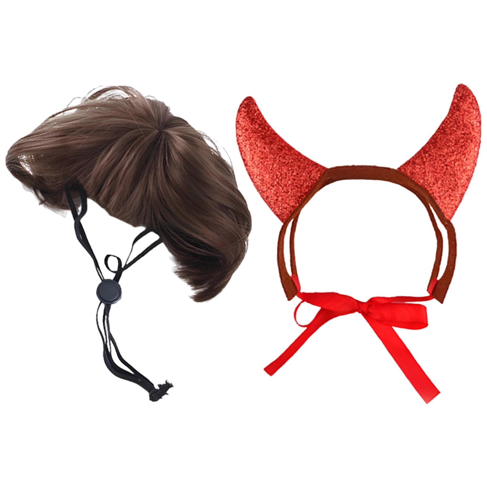 2 Pcs Pet Wig and Headband Set Pet Hairpiece Natural Bob Style with Bangs Red Ox Horn Accessory Adjustable Funny Halloween Costumes