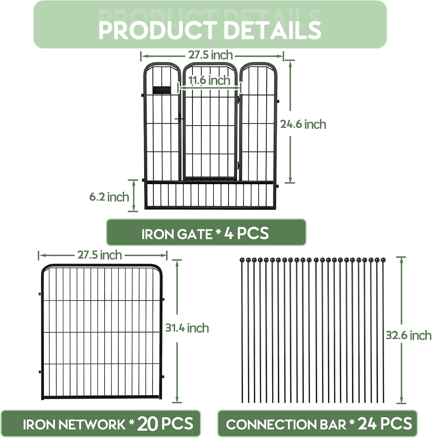 Outdoor Garden Fence with Gate 24 Pack 32in (H) x 55ft (L), Heavy Duty Metal, Decorative Outdoor Yard Fencing for Dogs, Temporary Dog Fence for Backyard, Patio, Garden