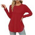 thumbnail image 2 of Sevevn Women Loose Round Neck Long Sleeved Printed T-shirt Top Red L Summer Savings, 2 of 5
