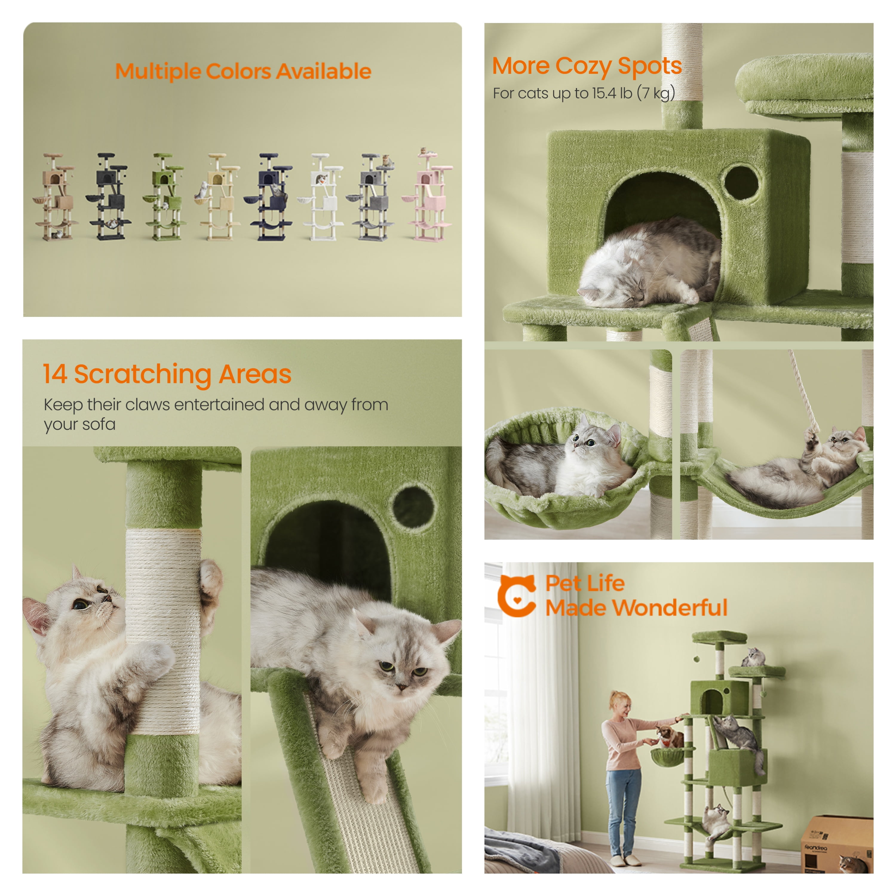 LEDREM 81.1-Inch Large Cat Tree Tower, Multi-Level Cat Condo with 13 Scratching Posts, 2 Perches, 2 Caves, Hammock & Basket, Green