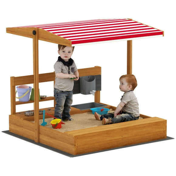 Outsunny Kids Sandbox with Cover, Wooden Sand Box Outdoor, Red